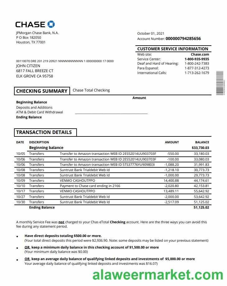 USA Chase account statement